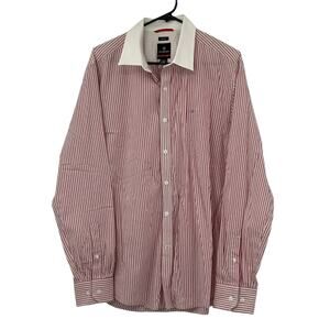 Victorinox Shirt Mens Large Button Up Tailored Fit Red‎ Pinstripe Office Preppy